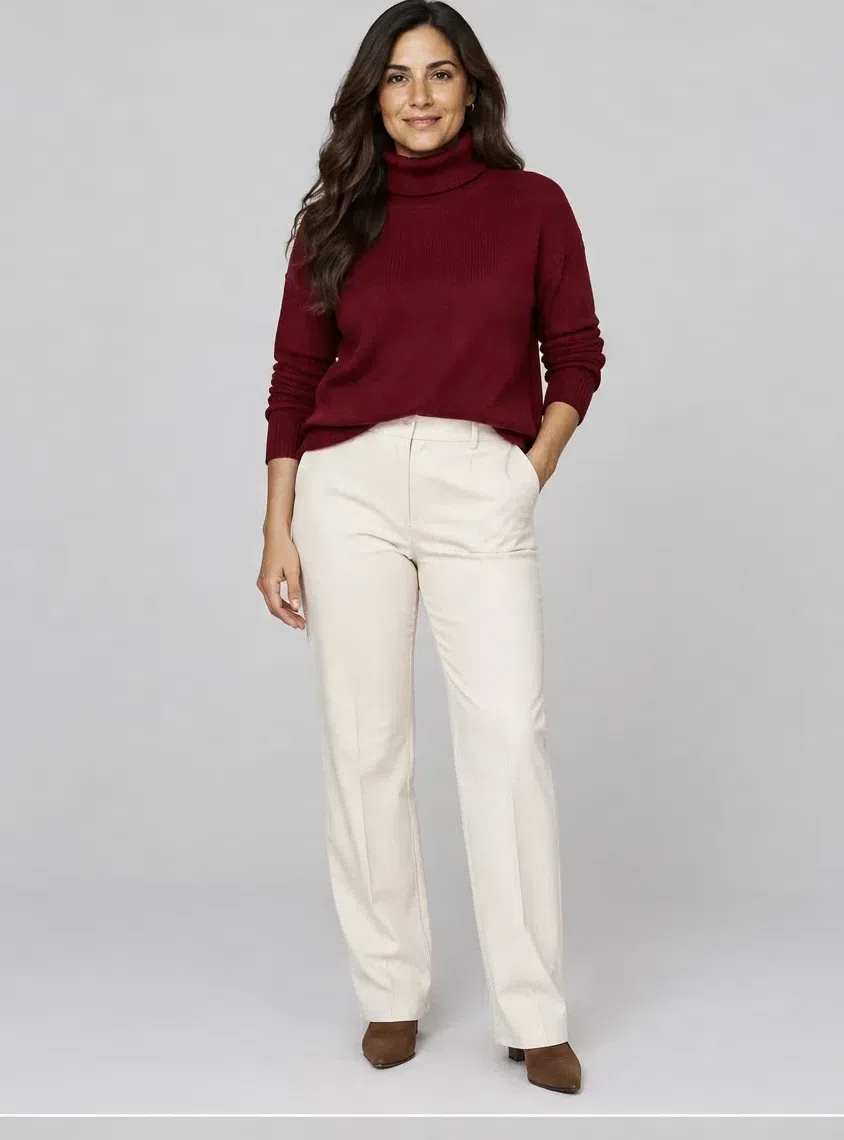 A merlot red roll-neck cashmere sweater with straight ecru trousers, Light complexion