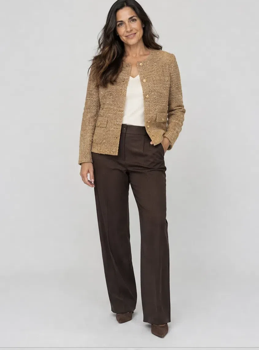 A camel tweed jacket with gold buttons over dark chocolate trousers, Light complexion