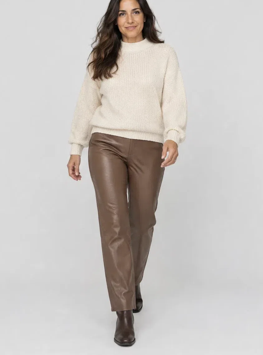 Mocha brown leather trousers with a chunky ecru sweater and flat boots, Light complexion