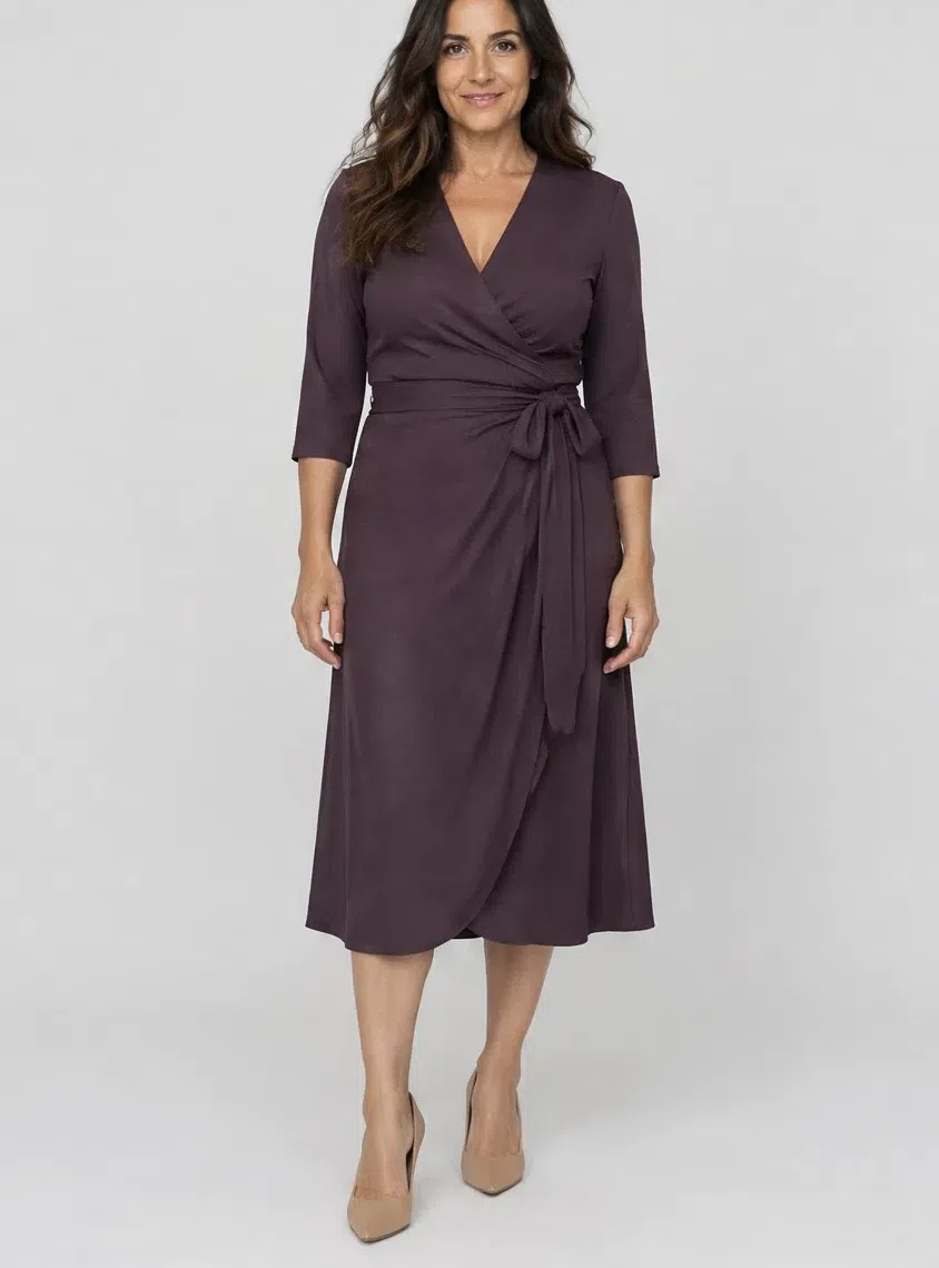 A currant purple midi wrap dress tied at the waist, worn with nude heels, Light complexion