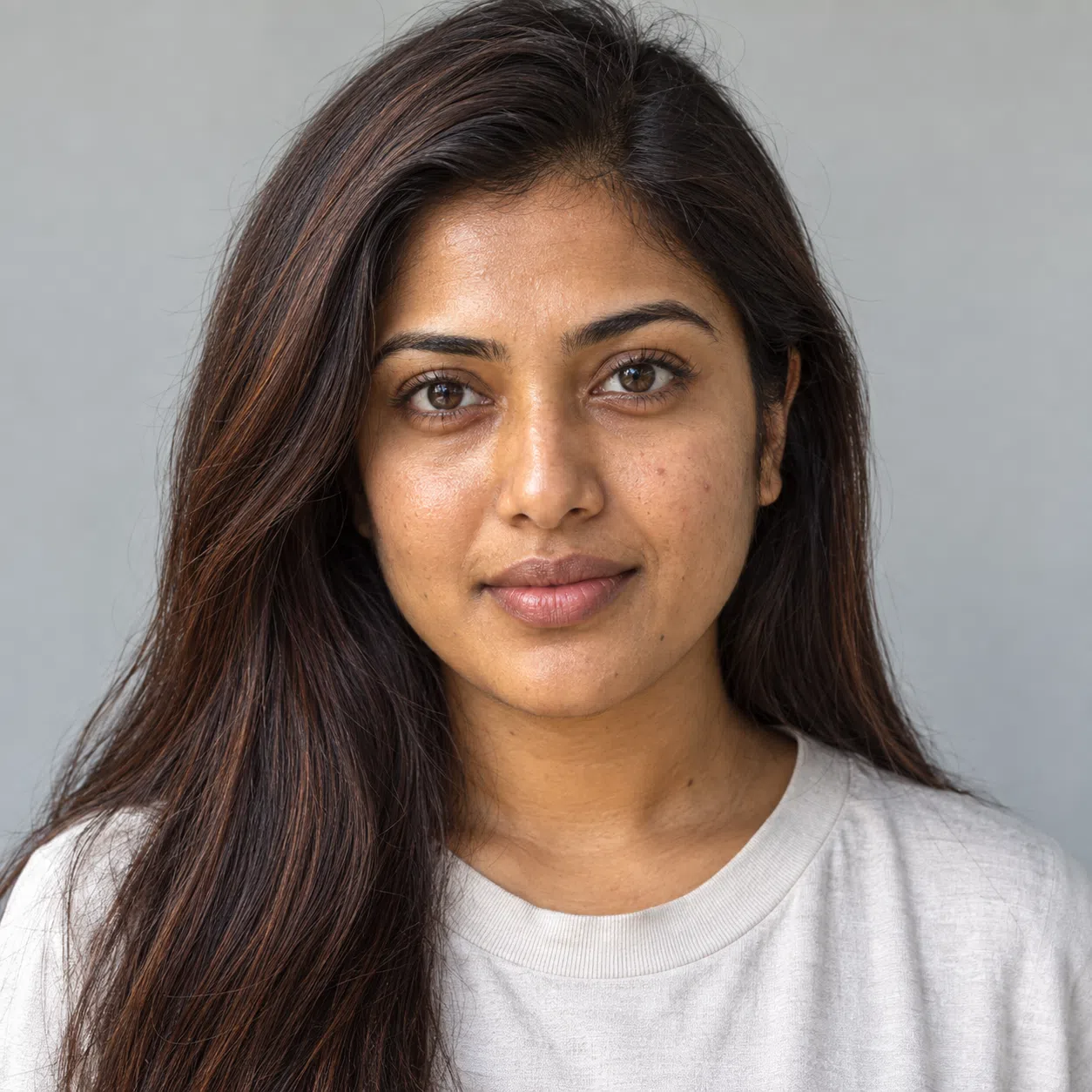 A Deep Autumn woman with medium golden-brown skin, long very dark brown hair and dark brown eyes, in a plain light top