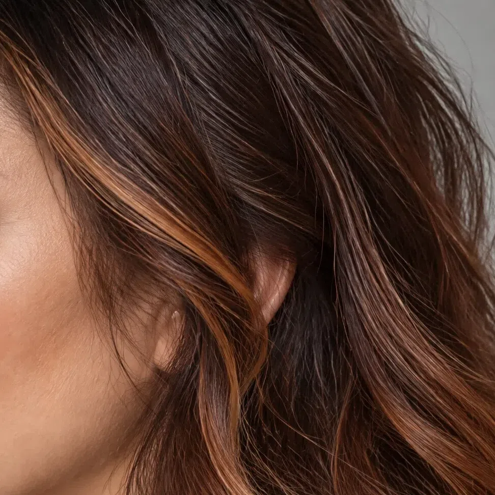 Amber copper face-framing lights on a dark brown Deep Autumn base