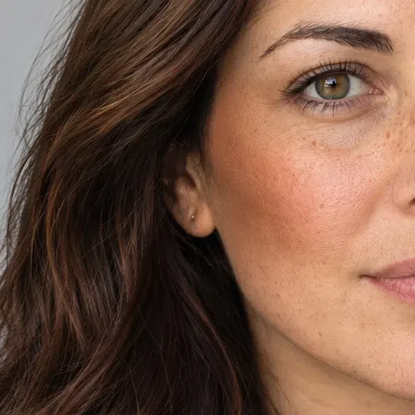 Soft golden-brown bronzer shading below a fair cheekbone