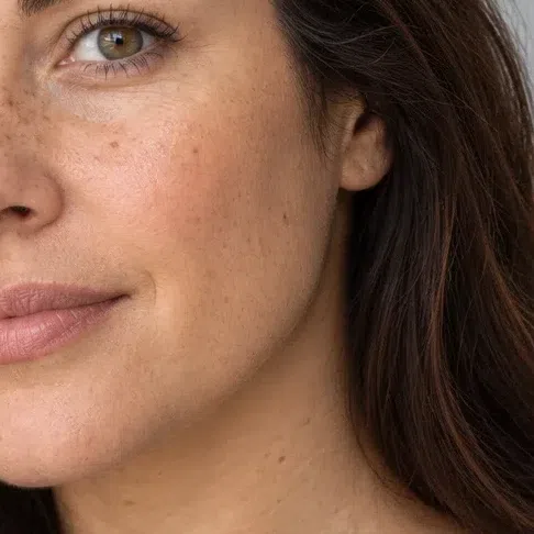 Golden ivory base blended down the jawline of warm ivory skin