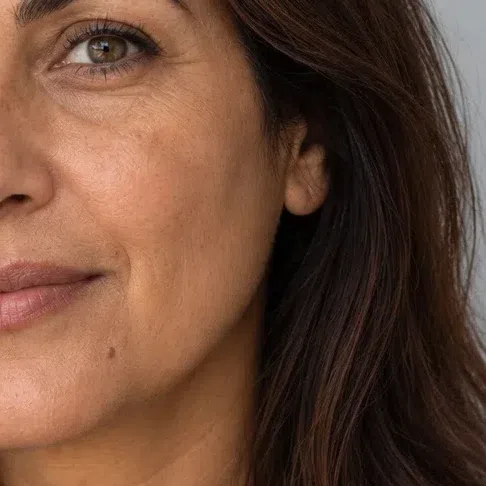 Olive-beige foundation that vanishes into warm olive skin at the jaw