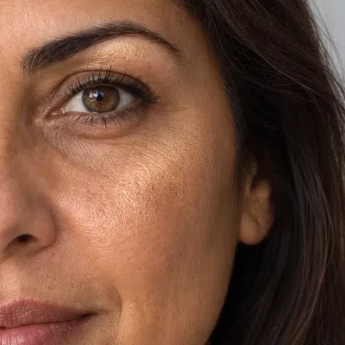 An antique-gold sheen high on an olive cheek