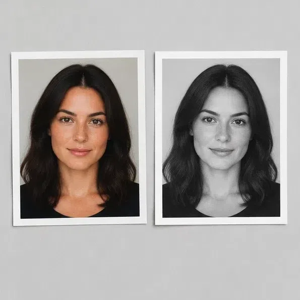 A color print of a dark-haired woman beside the same portrait in black and white