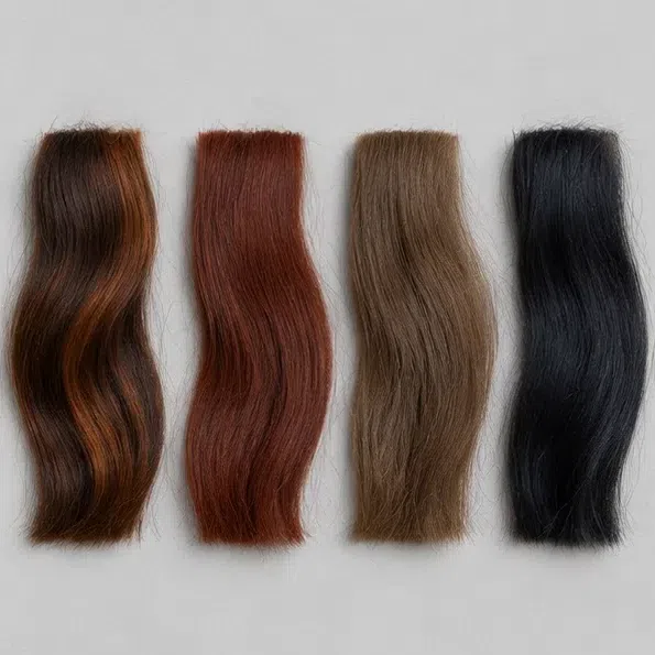 Four hair samples: warm dark chocolate, red chestnut, soft light brown and cool blue-black