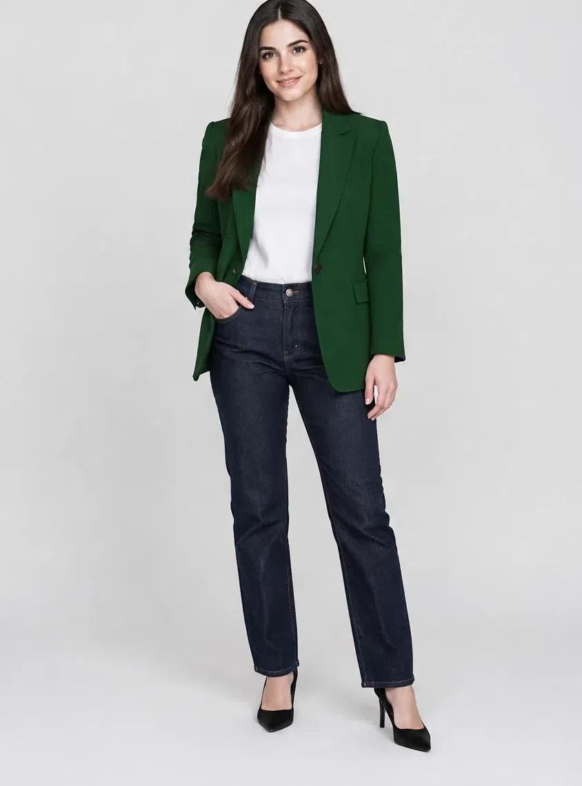 Forest green tailored jacket, Deep Winter capsule wardrobe, Fair complexion