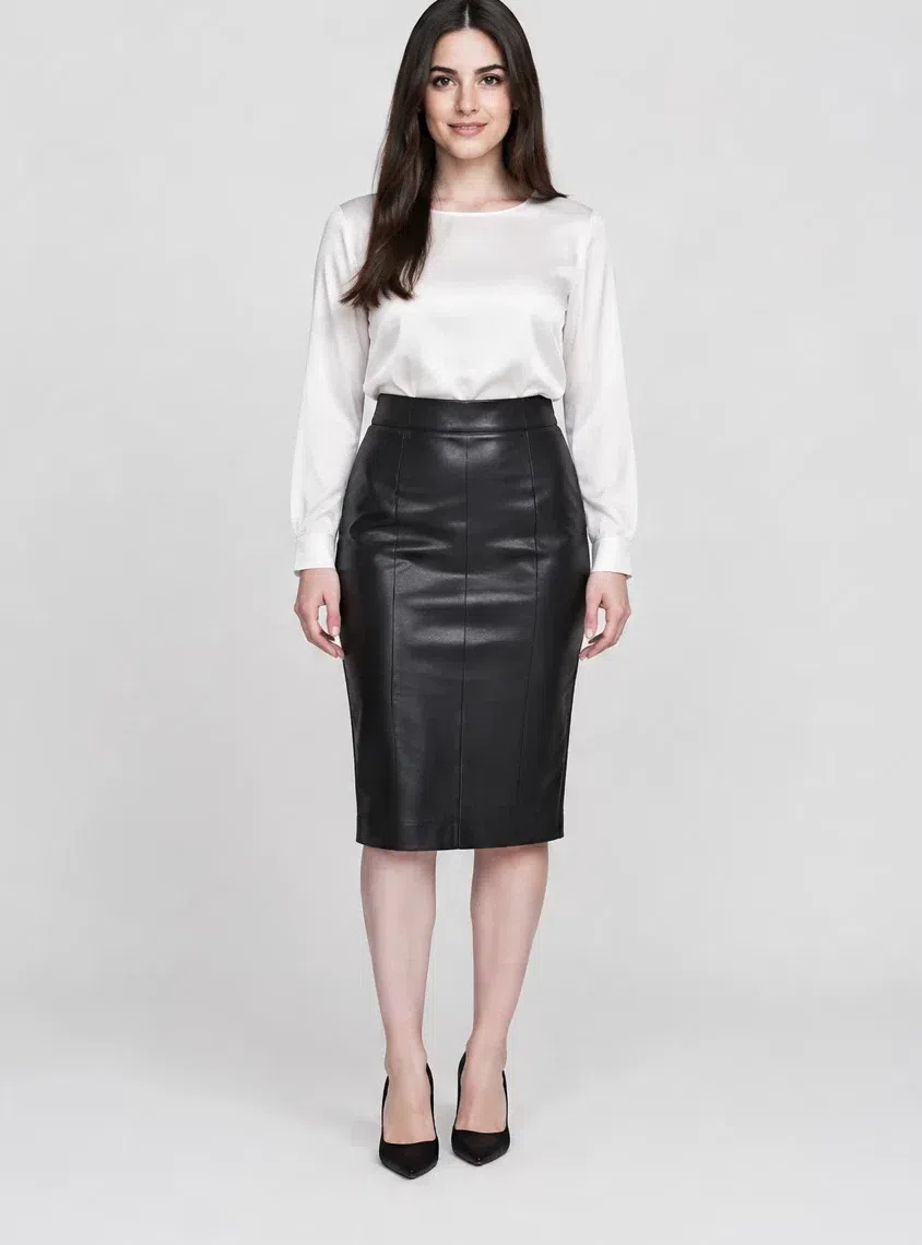 Jet black leather pencil skirt, Deep Winter capsule wardrobe, Fair complexion