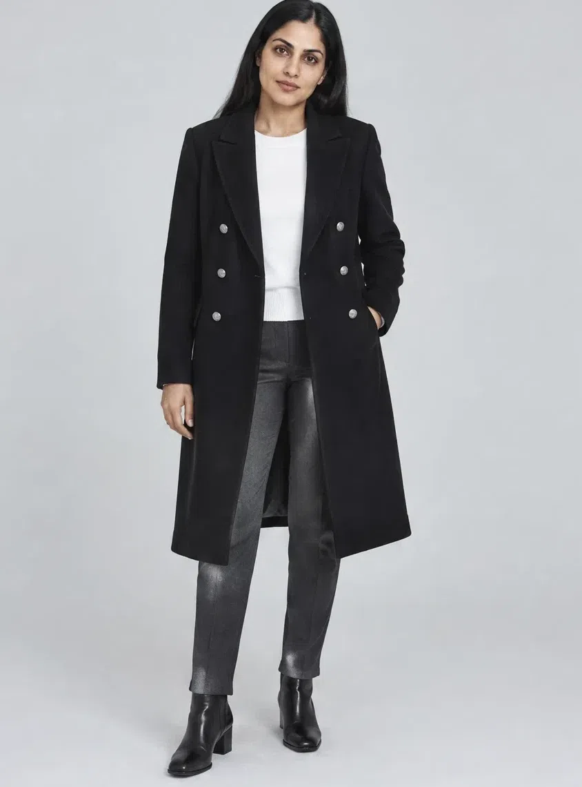 Jet black wool coat, Deep Winter capsule wardrobe, Medium complexion