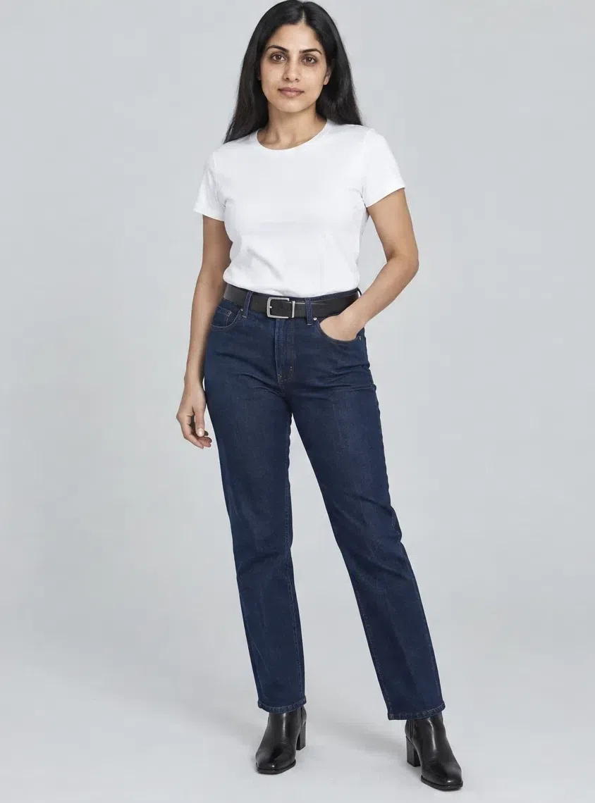 Navy straight-leg jeans, Deep Winter capsule wardrobe, Medium complexion
