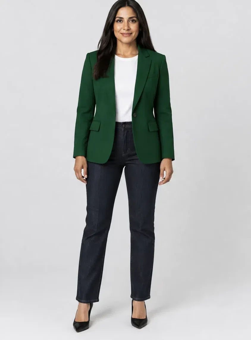 Forest green tailored jacket, Deep Winter capsule wardrobe, Medium complexion