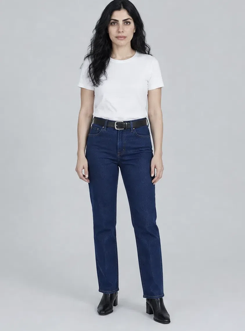 Navy straight-leg jeans, Deep Winter capsule wardrobe, Light complexion