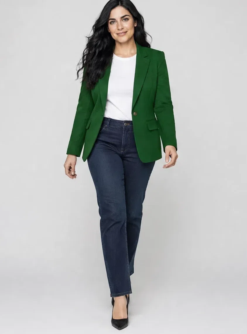 Forest green tailored jacket, Deep Winter capsule wardrobe, Light complexion