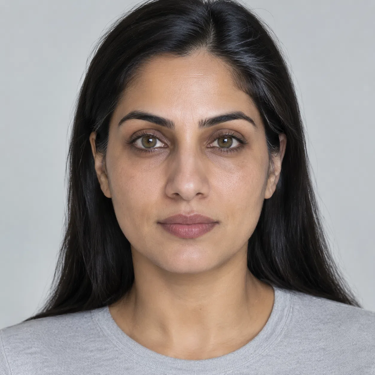 A Deep Winter woman in her early 40s with medium beige-brown skin, black-brown hair with a few silver strands and dark eyes