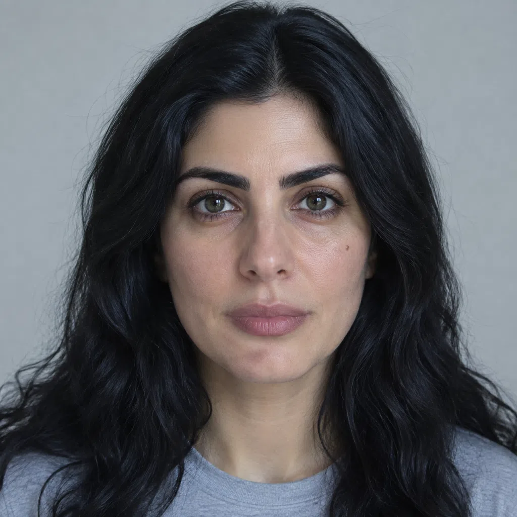 A Deep Winter woman with light olive skin, long blue-black wavy hair and green-hazel eyes, on a gray seamless
