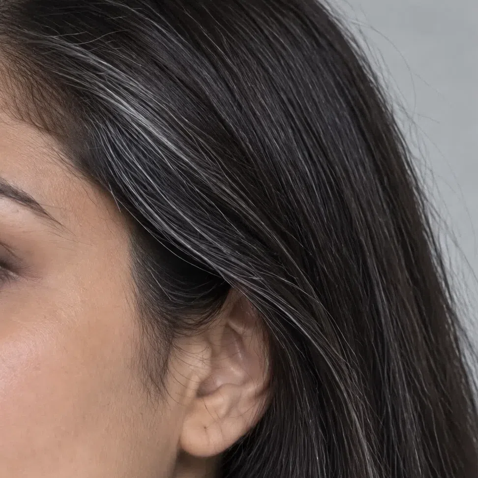 Fine graphite highlights on dark hair for Deep Winter