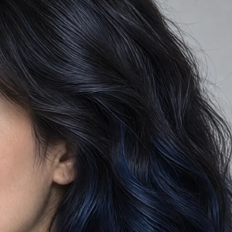 Hidden sapphire underlayer in blue-black hair for Deep Winter