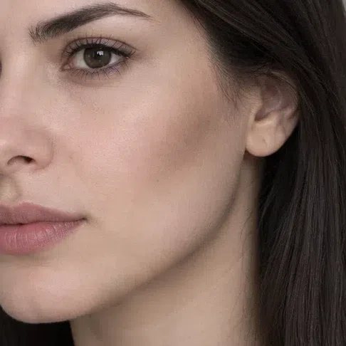 Soft taupe contour on a fair Deep Winter complexion