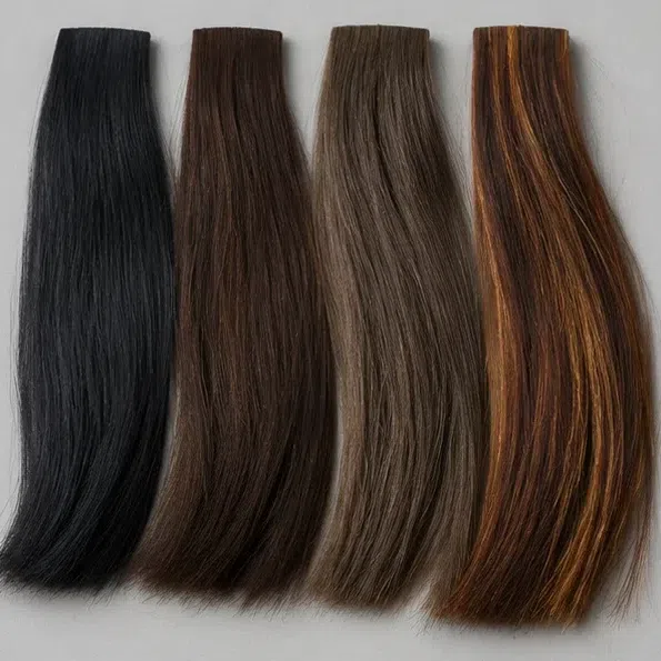 Four dark hair swatches, the last one showing golden-copper lights