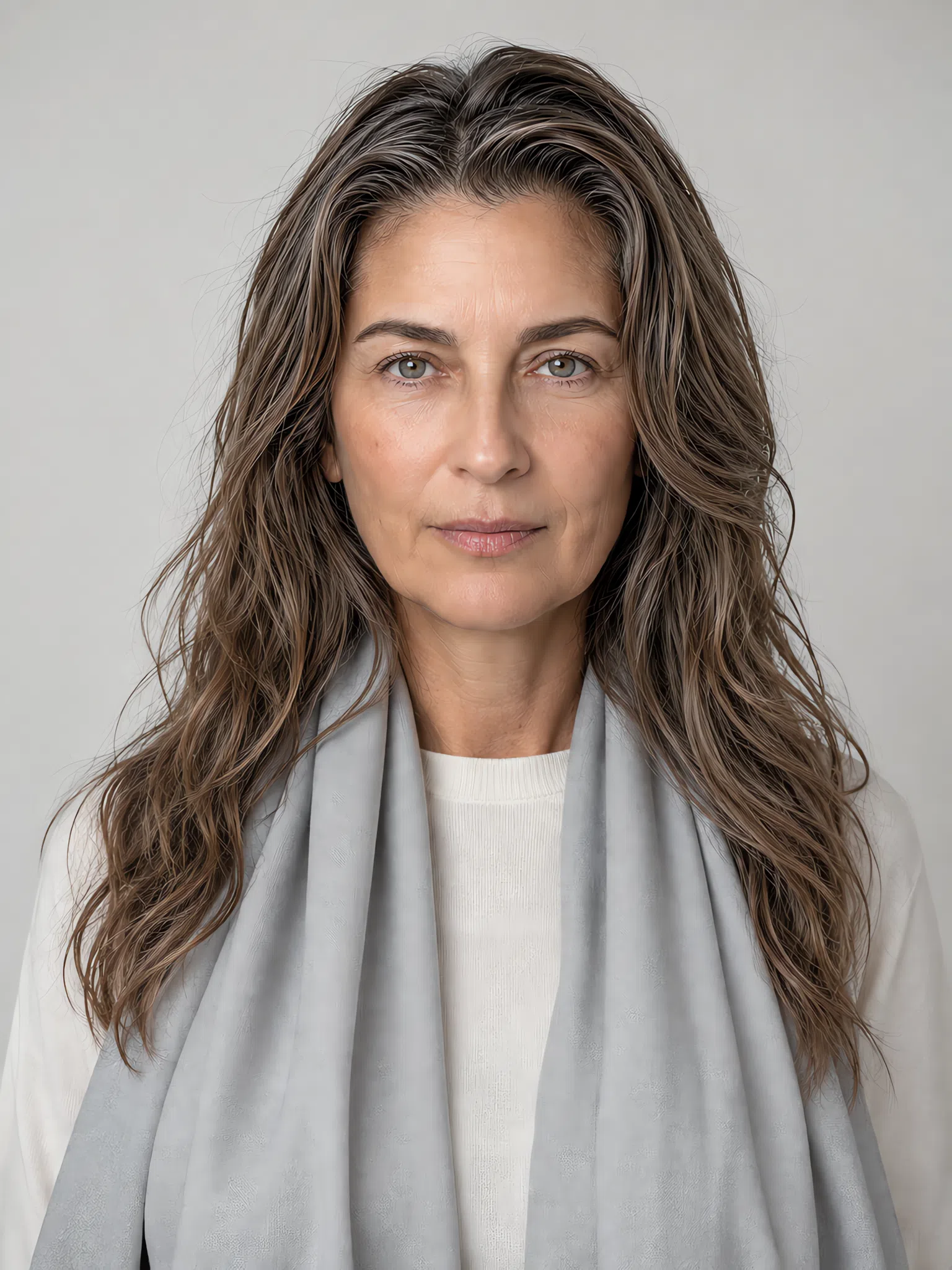 A Light Summer accent shade shown on a silk scarf over a neutral top in Denim
