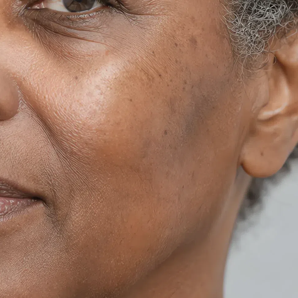 Ashy freckles and small marks on deep brown Light Summer skin