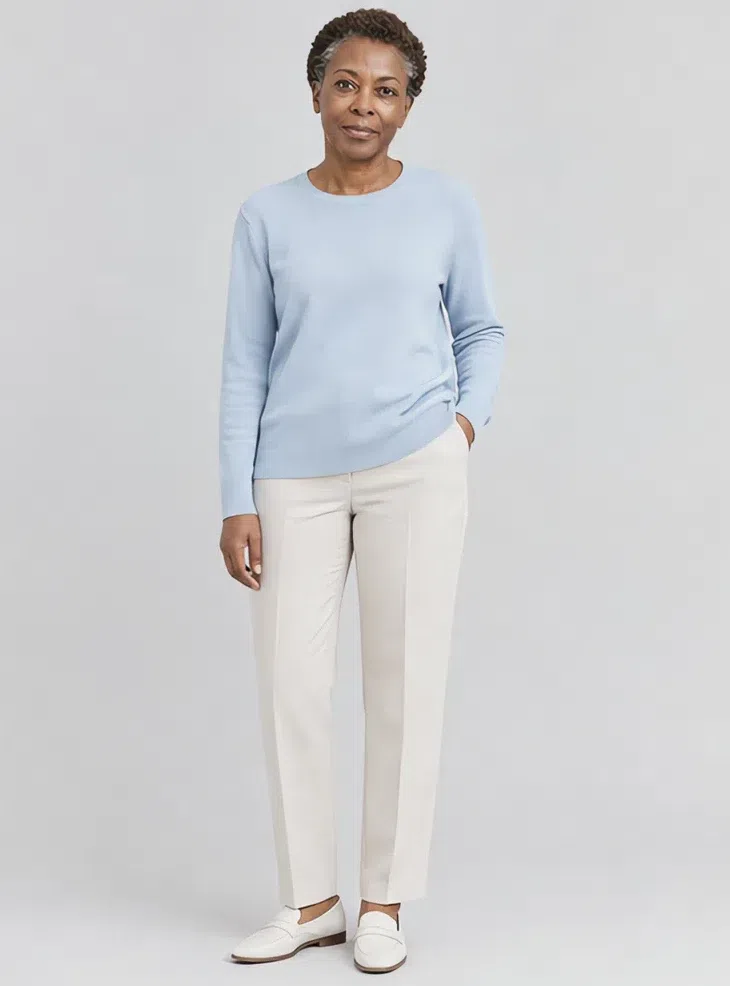 Powder blue knit sweater, Light Summer capsule wardrobe, Deep complexion