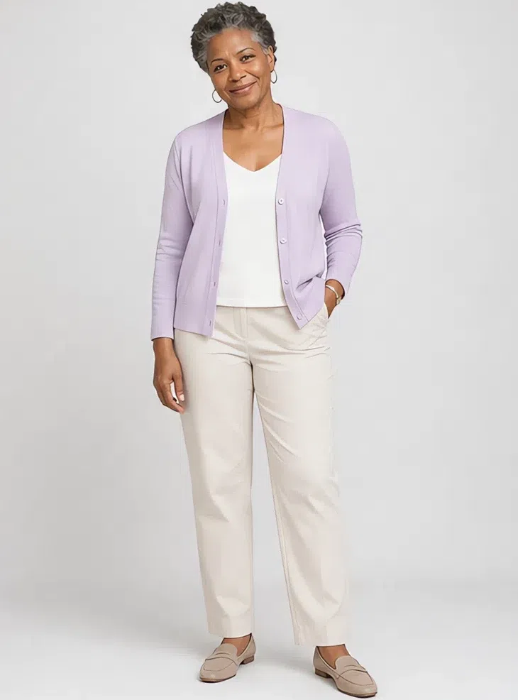 Wisteria fine-knit cardigan, Light Summer capsule wardrobe, Deep complexion