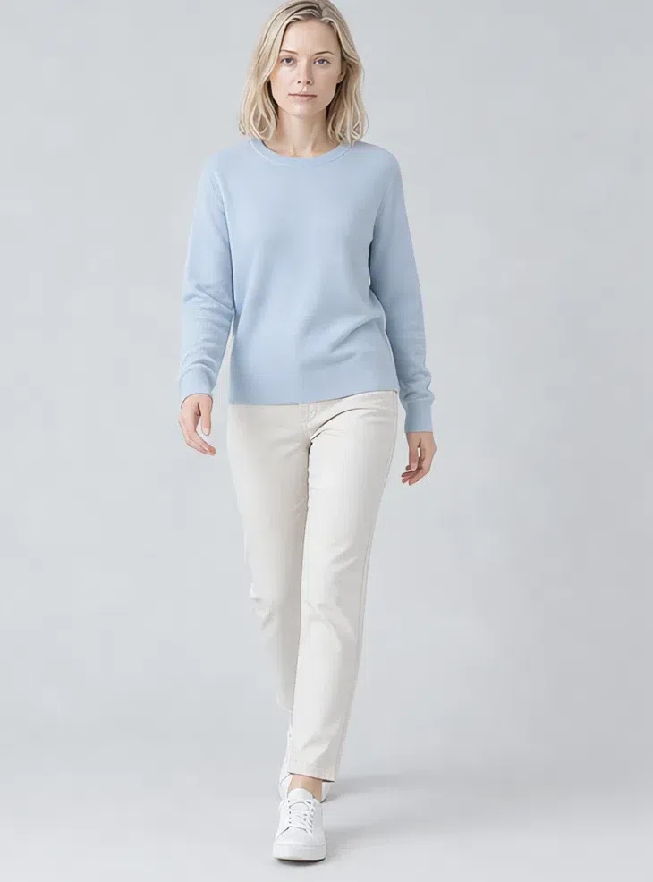 Powder blue knit sweater, Light Summer capsule wardrobe, Fair complexion
