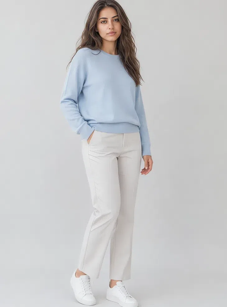 Powder blue knit sweater, Light Summer capsule wardrobe, Medium complexion