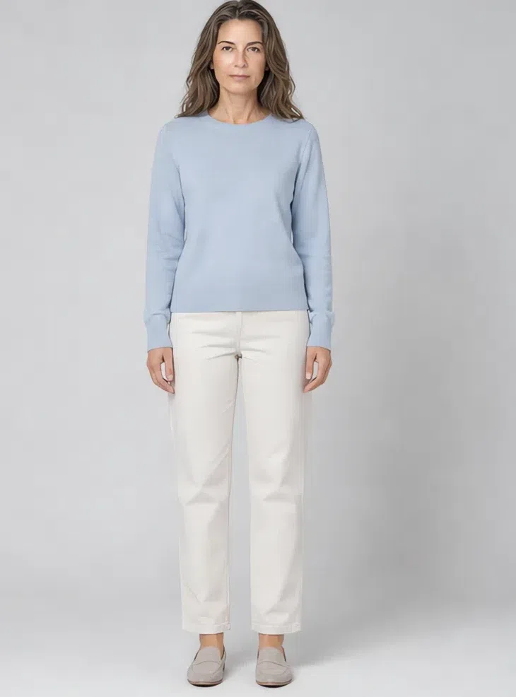 Powder blue knit sweater, Light Summer capsule wardrobe, Light complexion