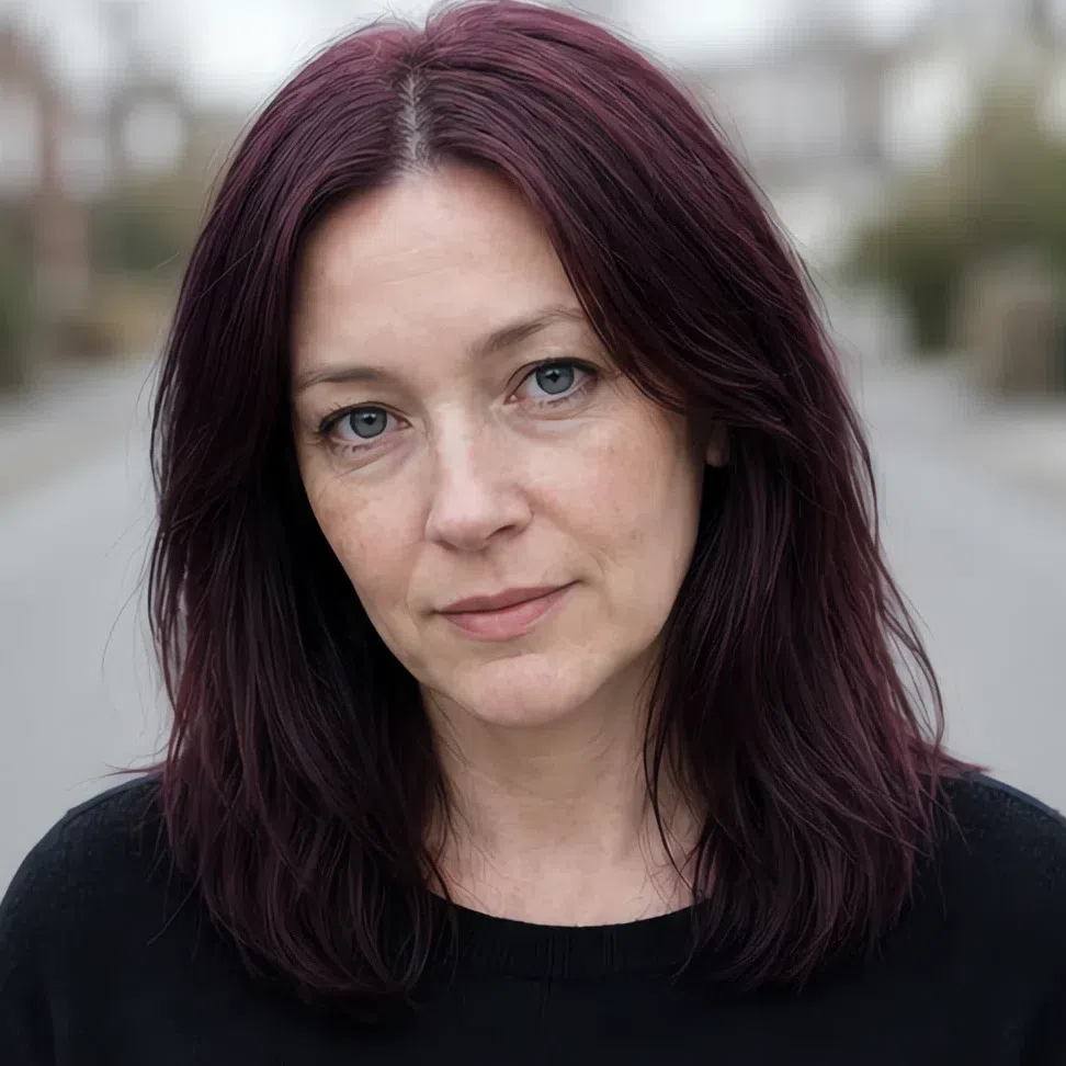 Aubergine hair color on a Light Summer woman