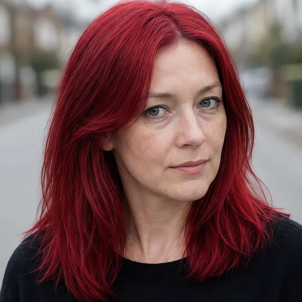 Vivid cherry red hair color on a Light Summer woman