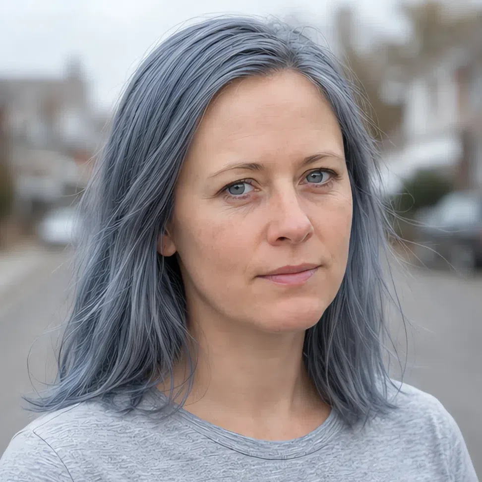 Steel blue-gray hair color on a Light Summer woman
