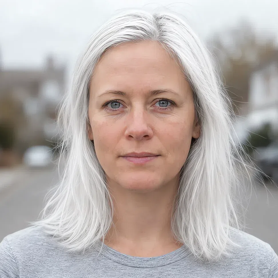 Bleached optic white hair color on a Light Summer woman