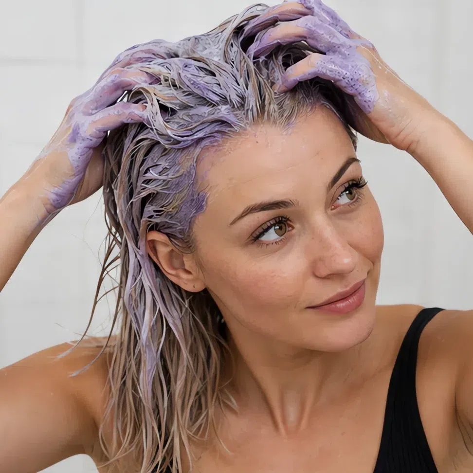 A woman working a violet toning shampoo through her own blonde hair, the lather clearly purple