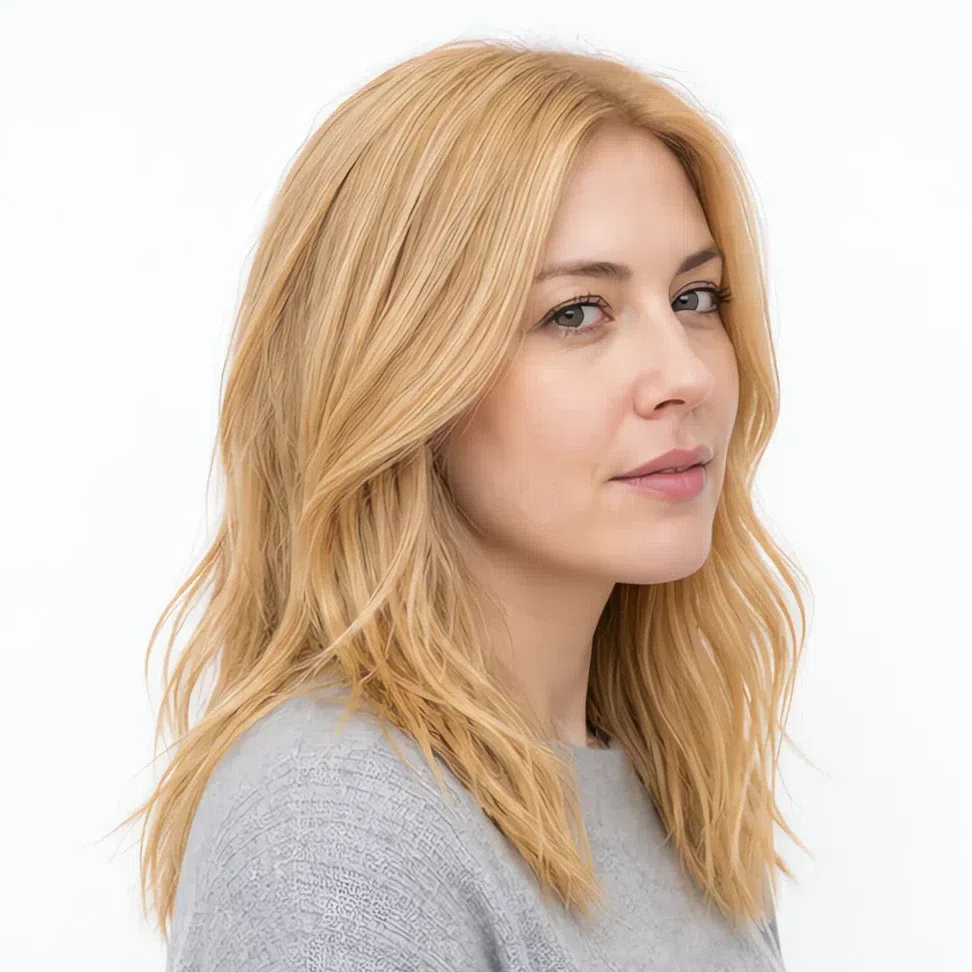The same level 8 hair at ten weeks, fully brassy yellow-gold