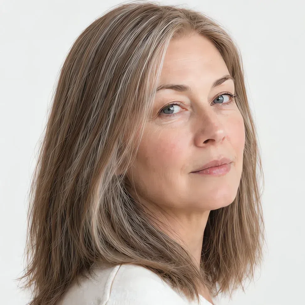 A Light Summer woman with light skin and blended gray hair
