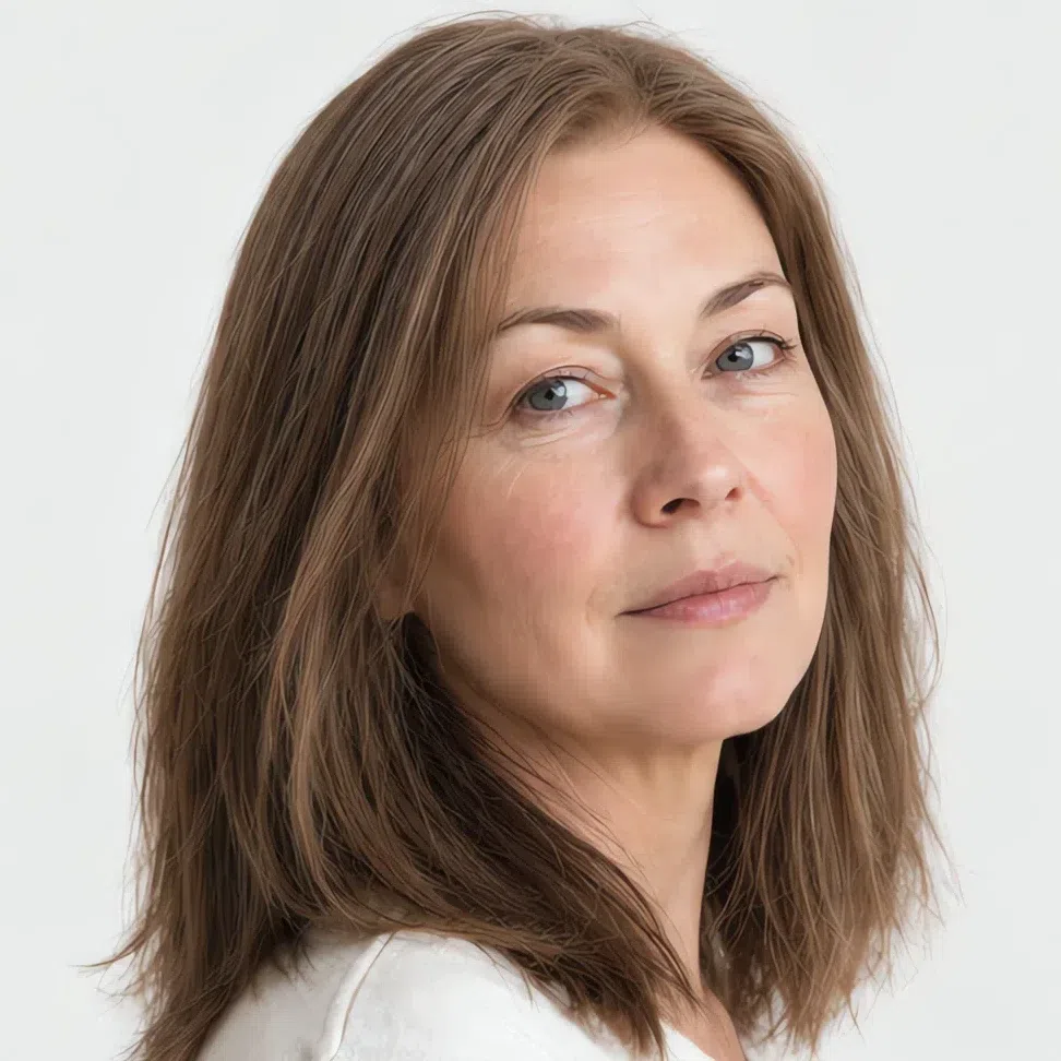A Light Summer woman with light skin and covered gray hair