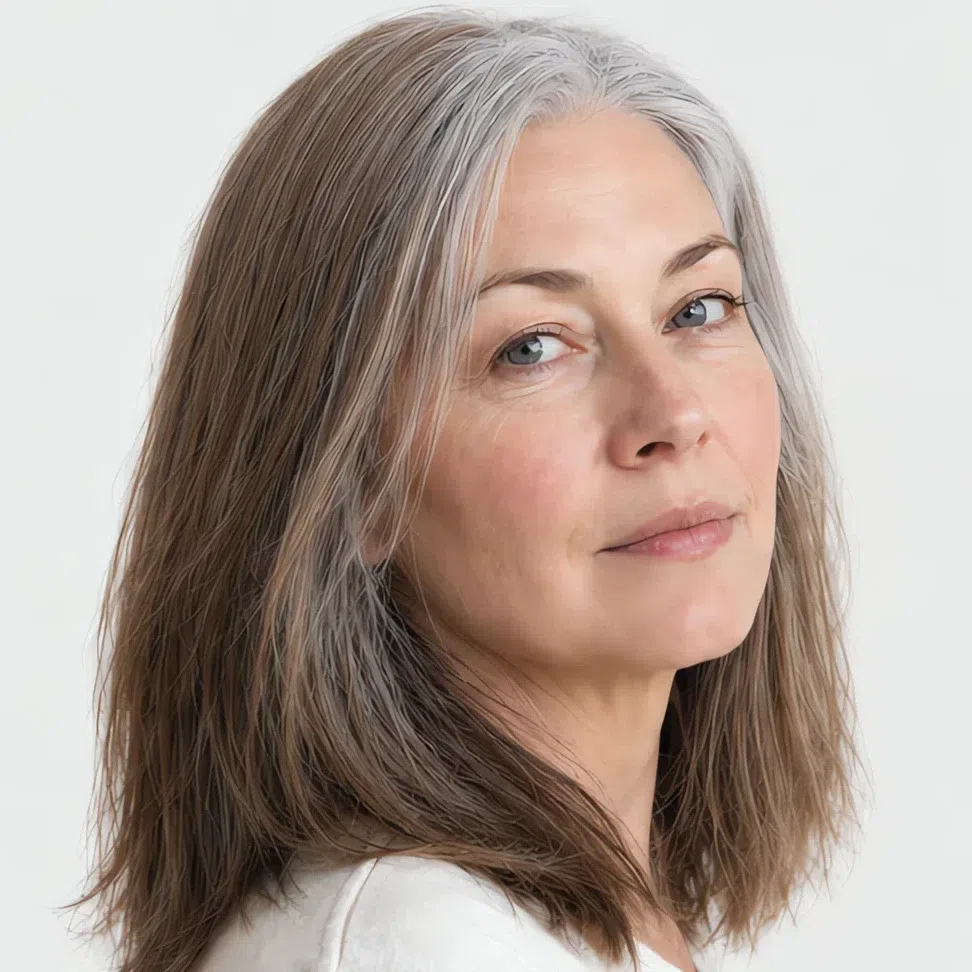 A Light Summer woman with light skin and growing-out gray hair