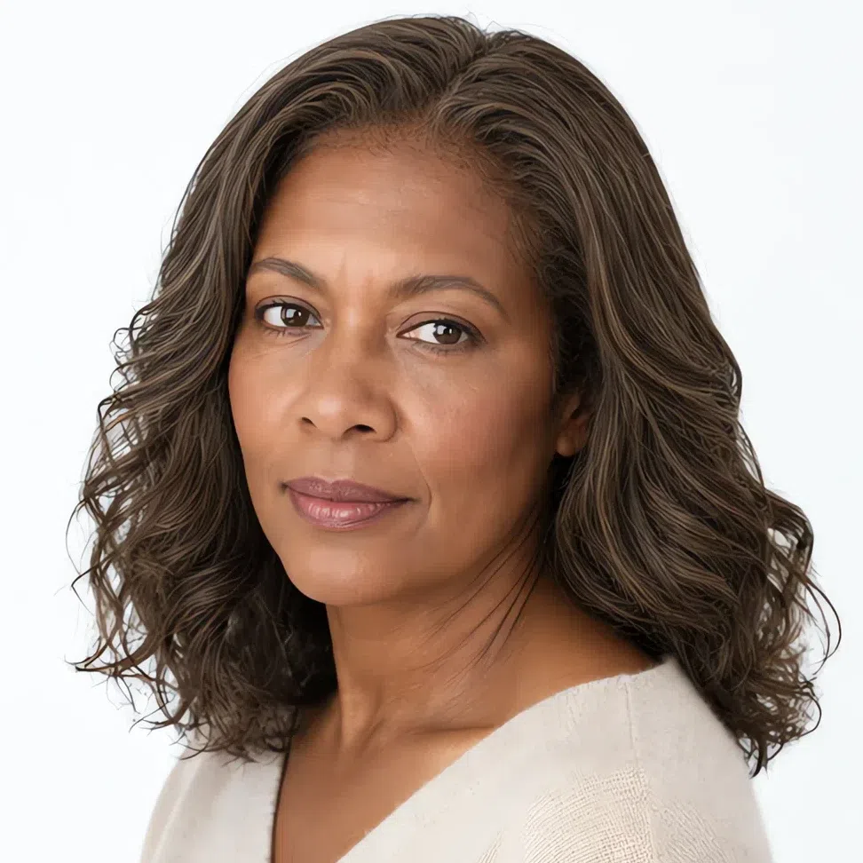A Light Summer woman with deep brown skin and covered gray hair
