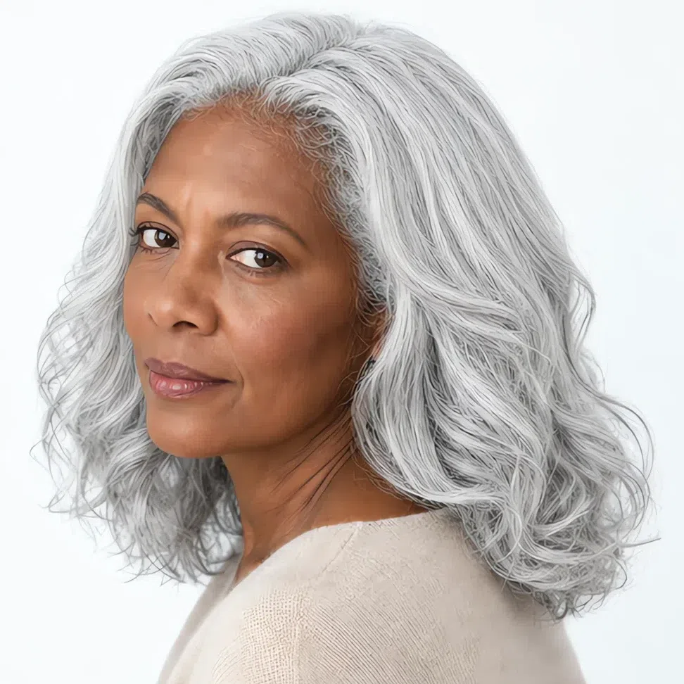 A Light Summer woman with deep brown skin and full silver hair