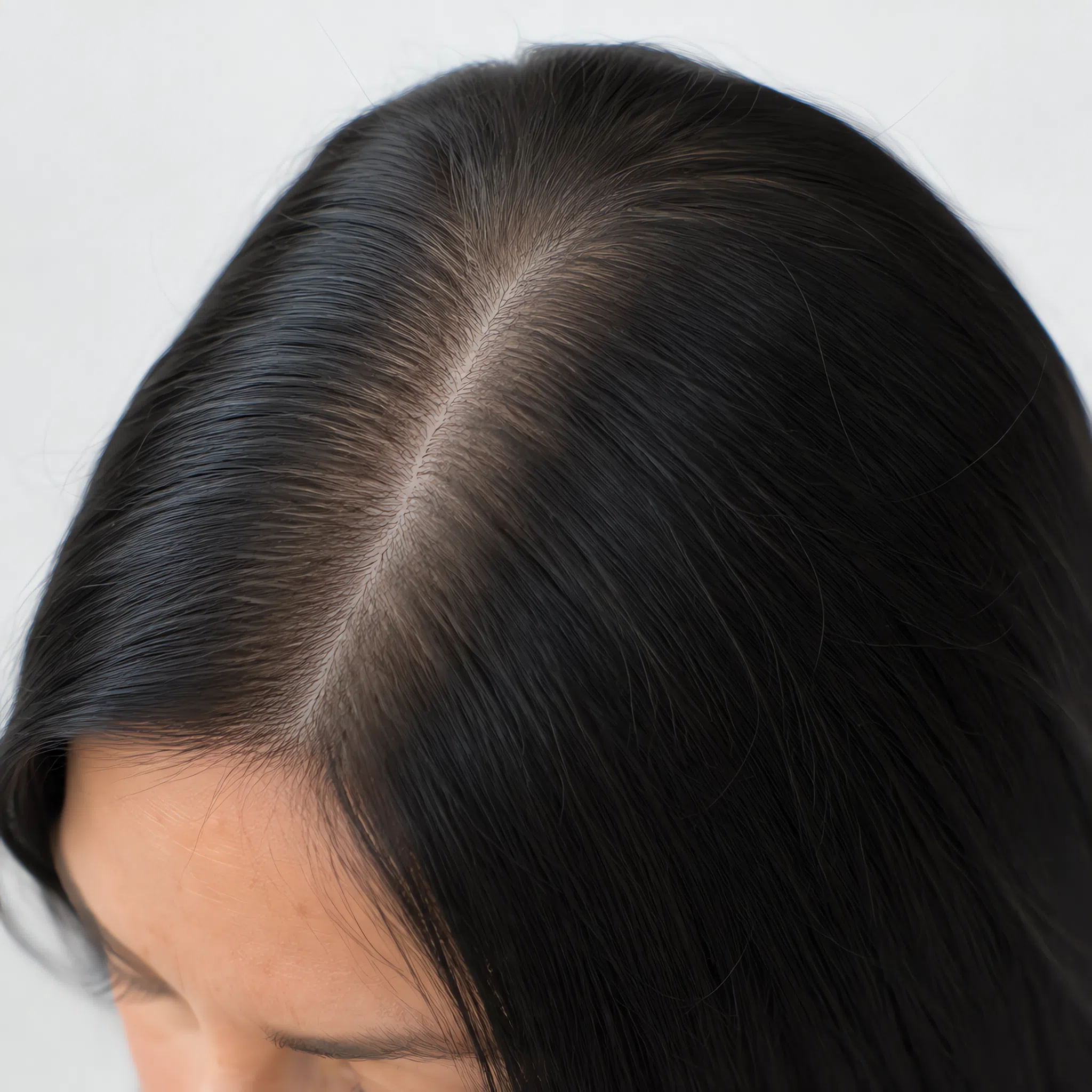 Pale mousy level 6 regrowth against a near-black length, a stark light band along the parting