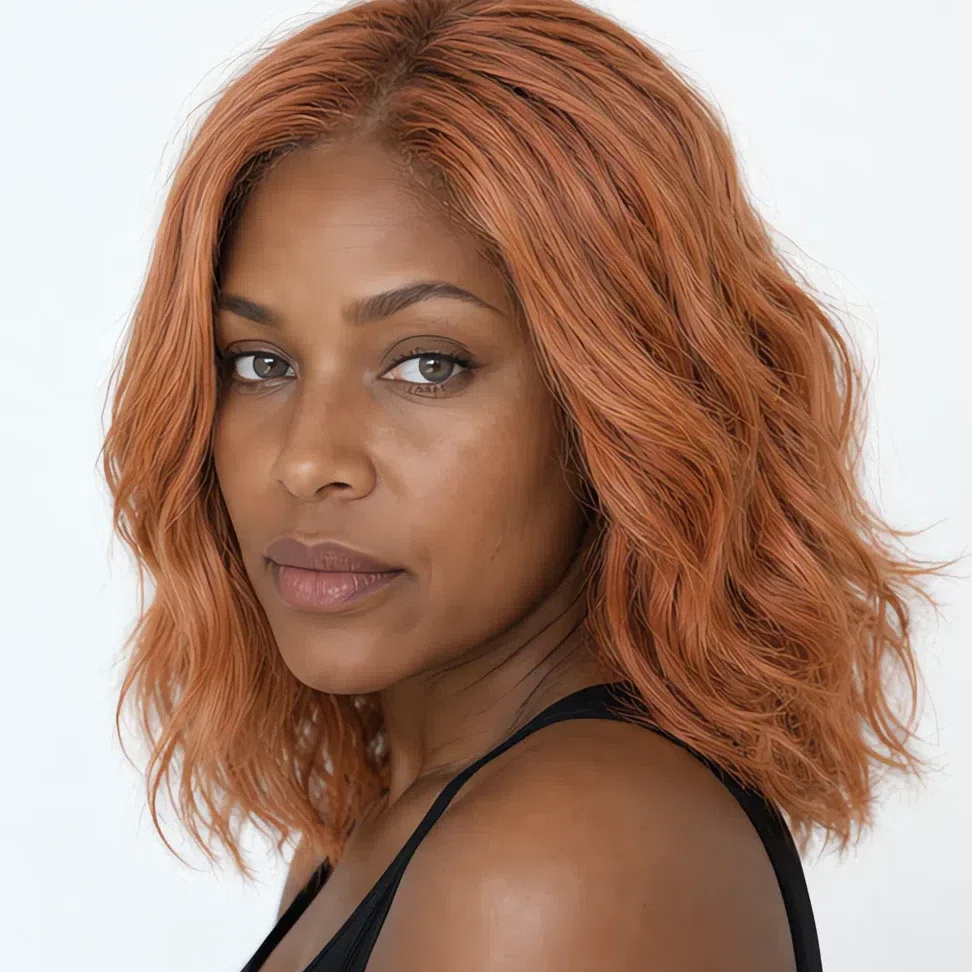 A Light Summer woman with deep brown skin and a light copper blonde at level 8