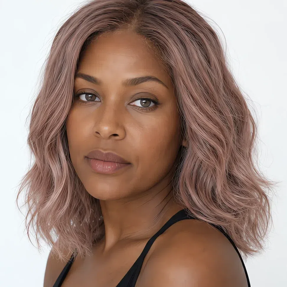 A Light Summer woman with deep brown skin and a soft rose blonde at level 8