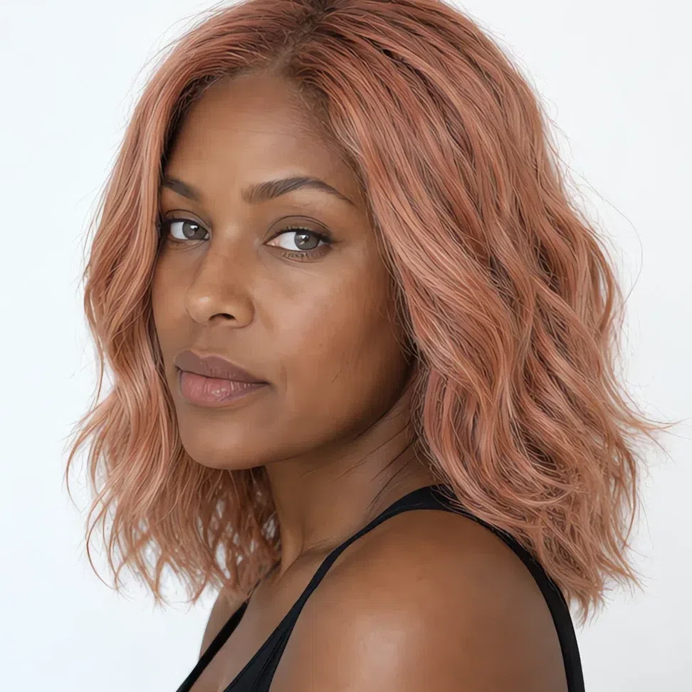 A Light Summer woman with deep brown skin and a rose gold blonde at level 8