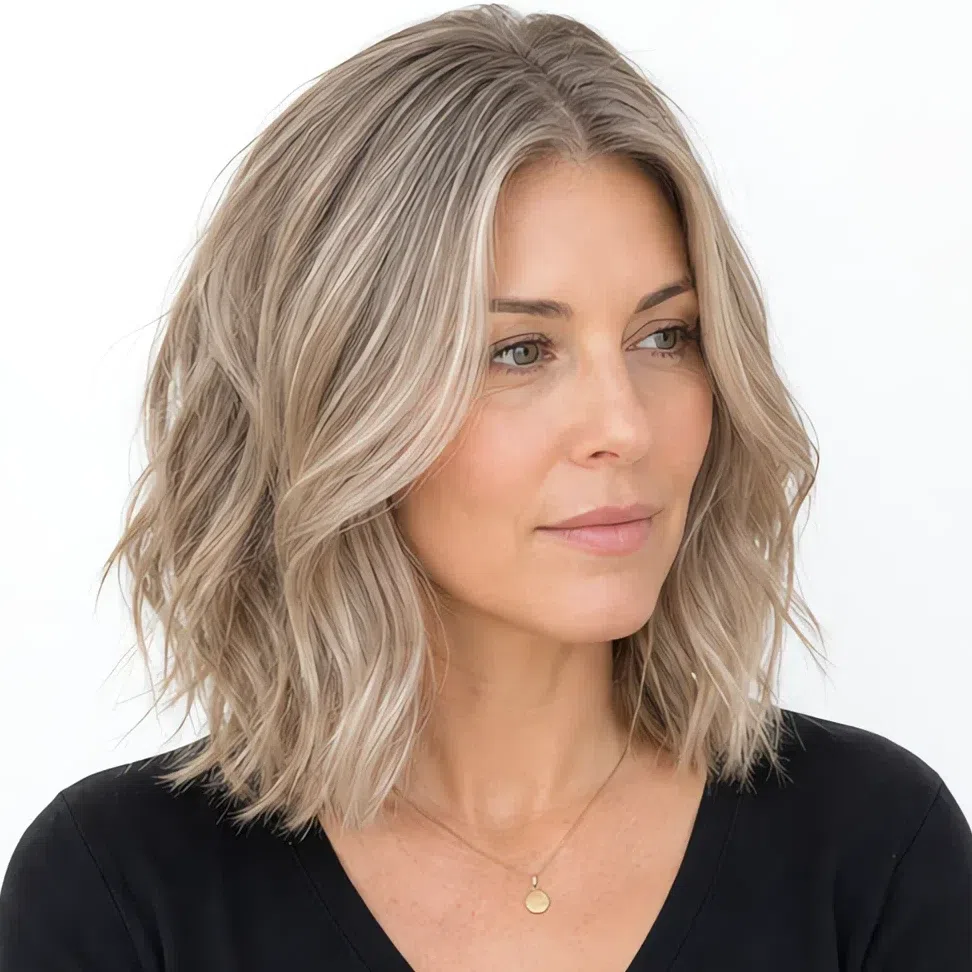 Ash blonde placed multi-tonally with fine lighter strands through the mid-lengths