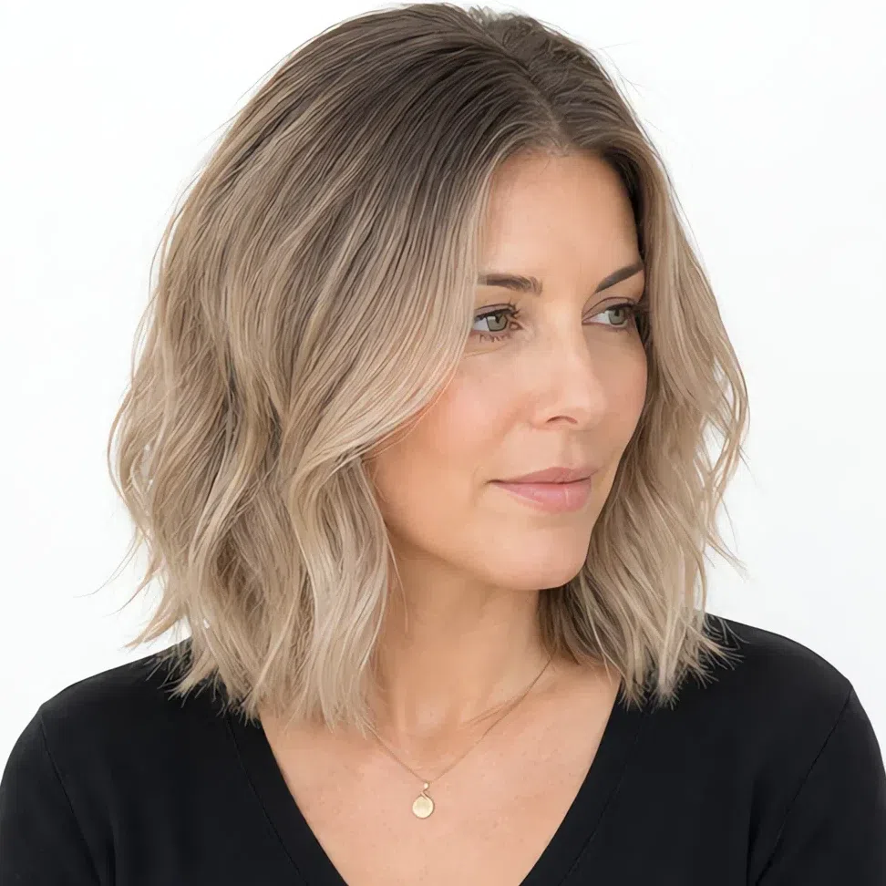 Ash blonde with a soft root smudge blending the regrowth over a long gradient