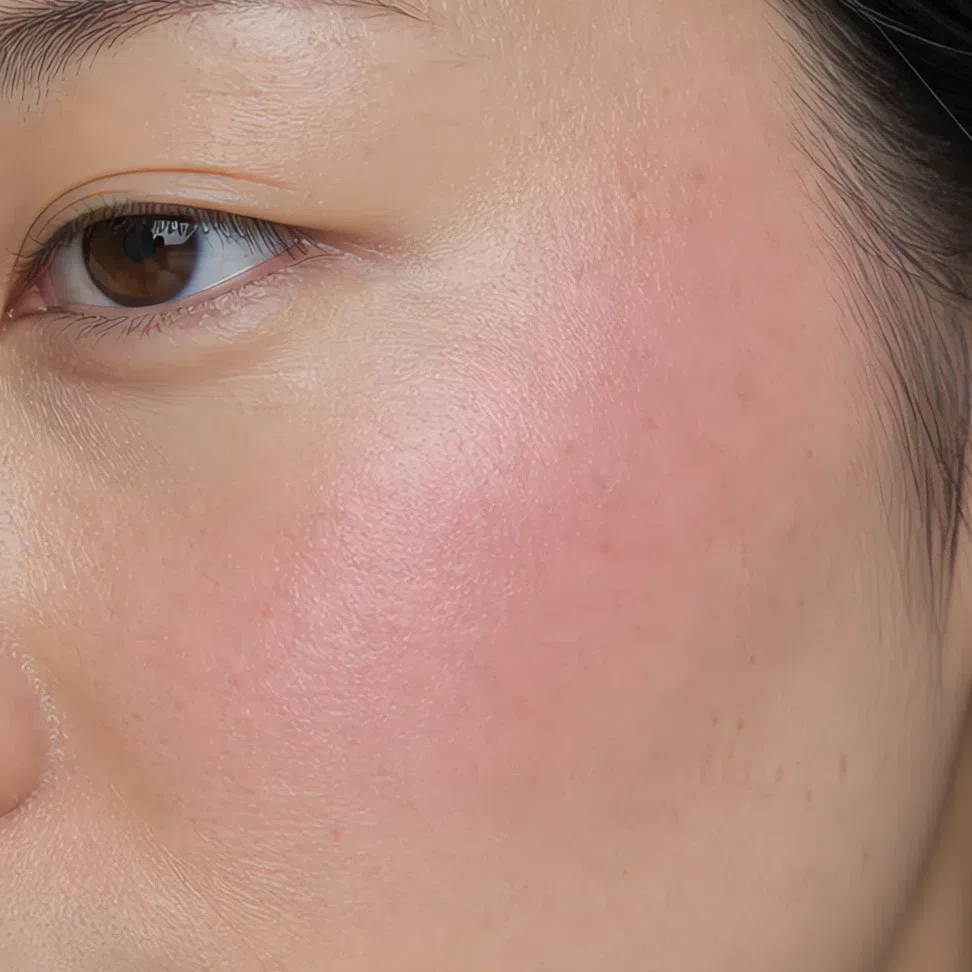 Cool rose blush diffused on a light cheek